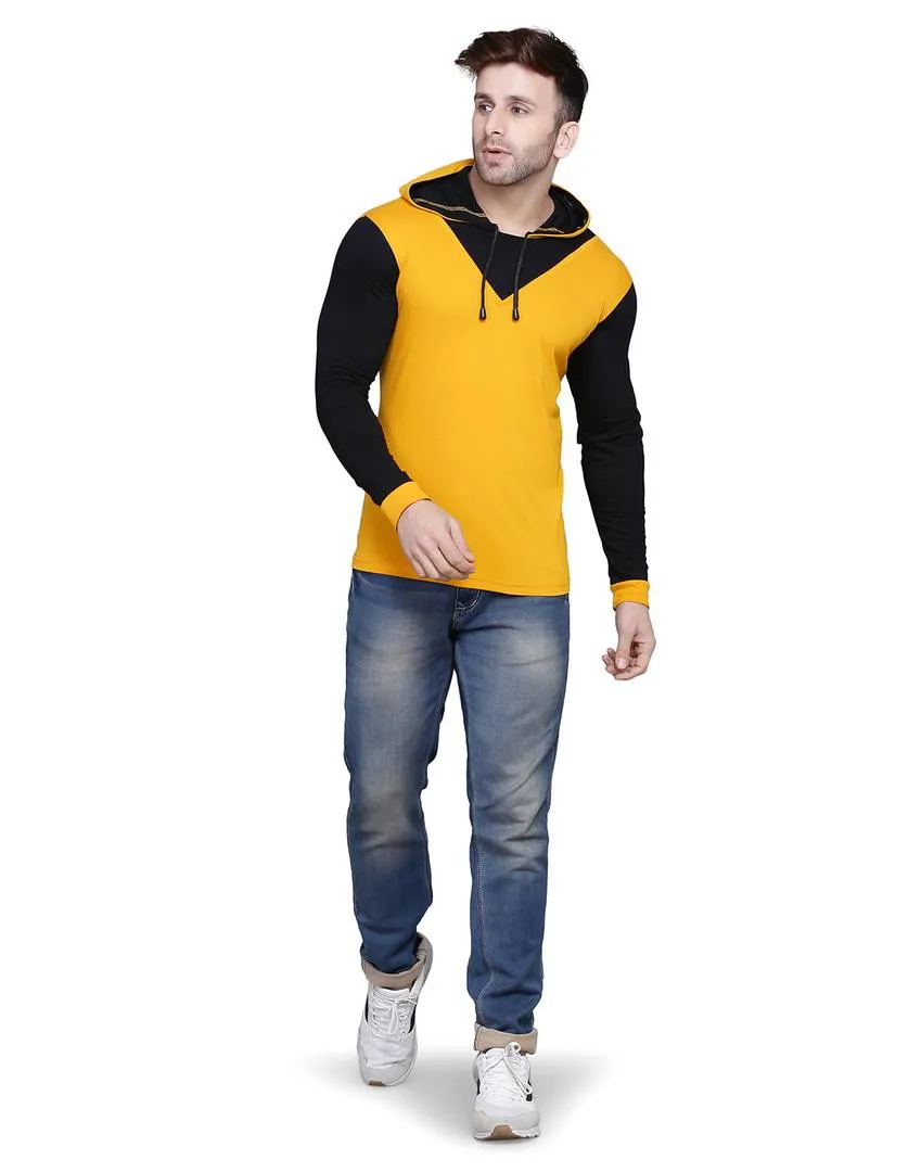 Stylish Cotton Blend Yellow Solid Hooded T-shirt For Men