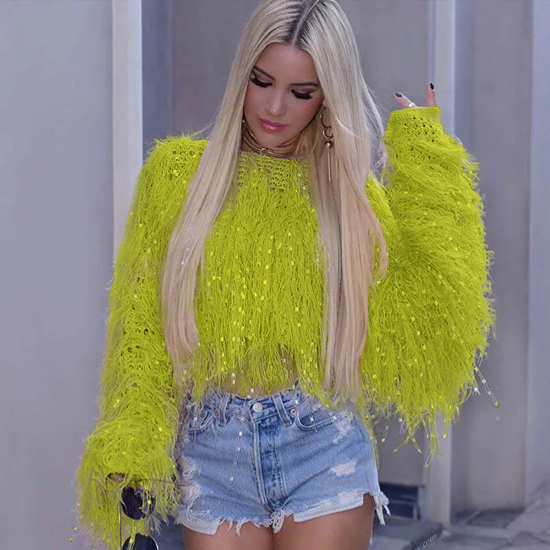 Stylish Crochet Knit Faux Fur Fringe Long Sleeve Cropped Sweater - Green