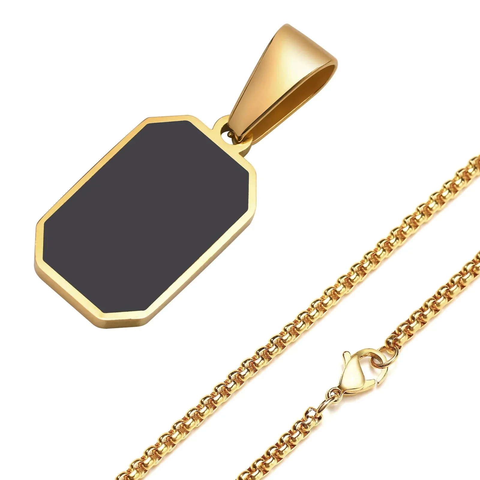 Stylish Gold Color Mens Geometric Square Necklaces,Black Enamel Rectangle Pendant with Rope Box Chain Collar Gift Jewelry