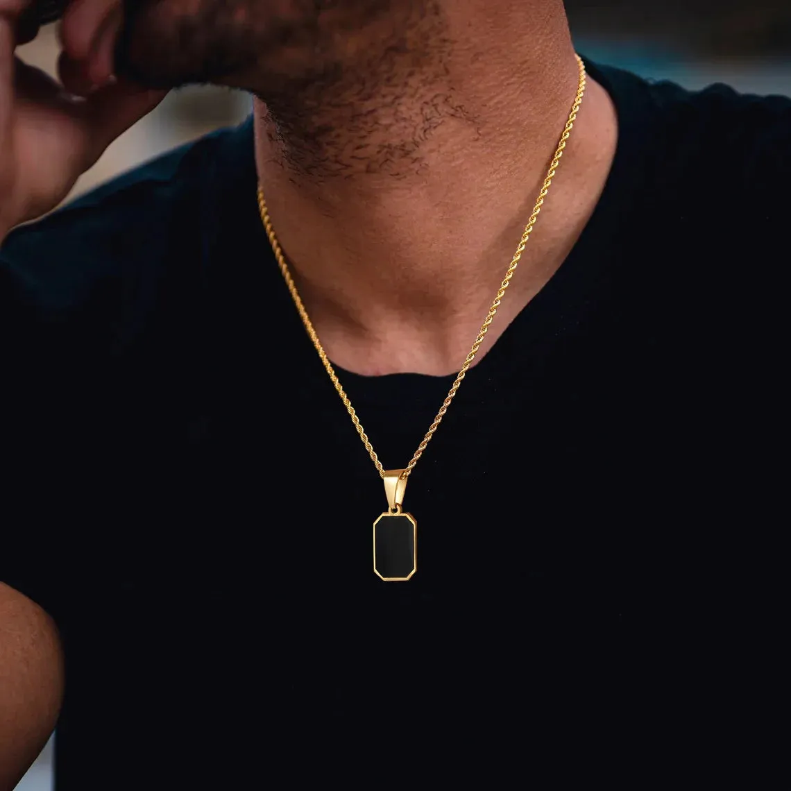 Stylish Gold Color Mens Geometric Square Necklaces,Black Enamel Rectangle Pendant with Rope Box Chain Collar Gift Jewelry