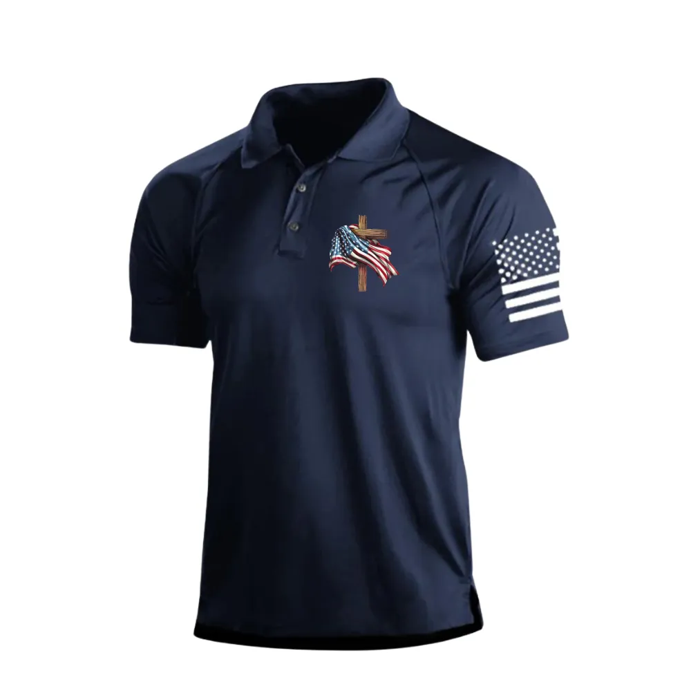 STYLISH USA FLAG RAGLAN GRAPHIC POLO SHIRT