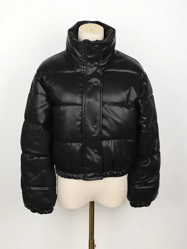 Stylish Women's Black PU Leather Winter Parka Coat - Thick, Warm, and Elegant with Zipper Closure