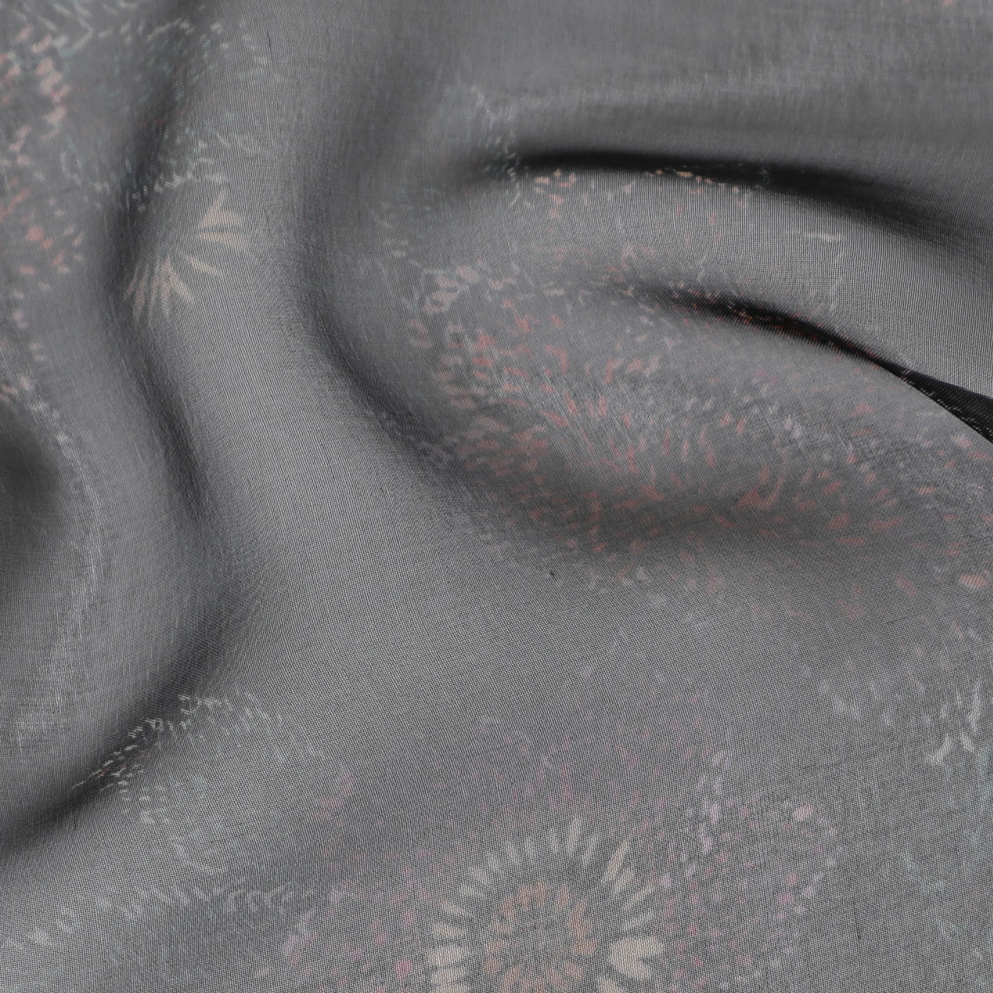 Subtle Charcoal Grey Silk Chiffon Fabric with Pink Floral Accents, 110cm Width – Ideal for Elegant Dresses and Scarves-D20097