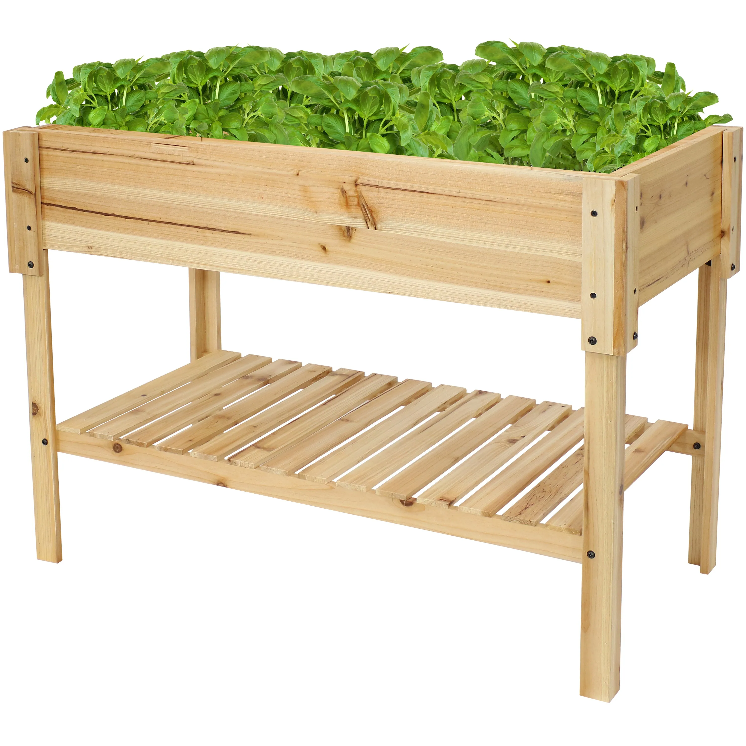 Sunnydaze Raised Wood Garden Bed Planter Box with Shelf