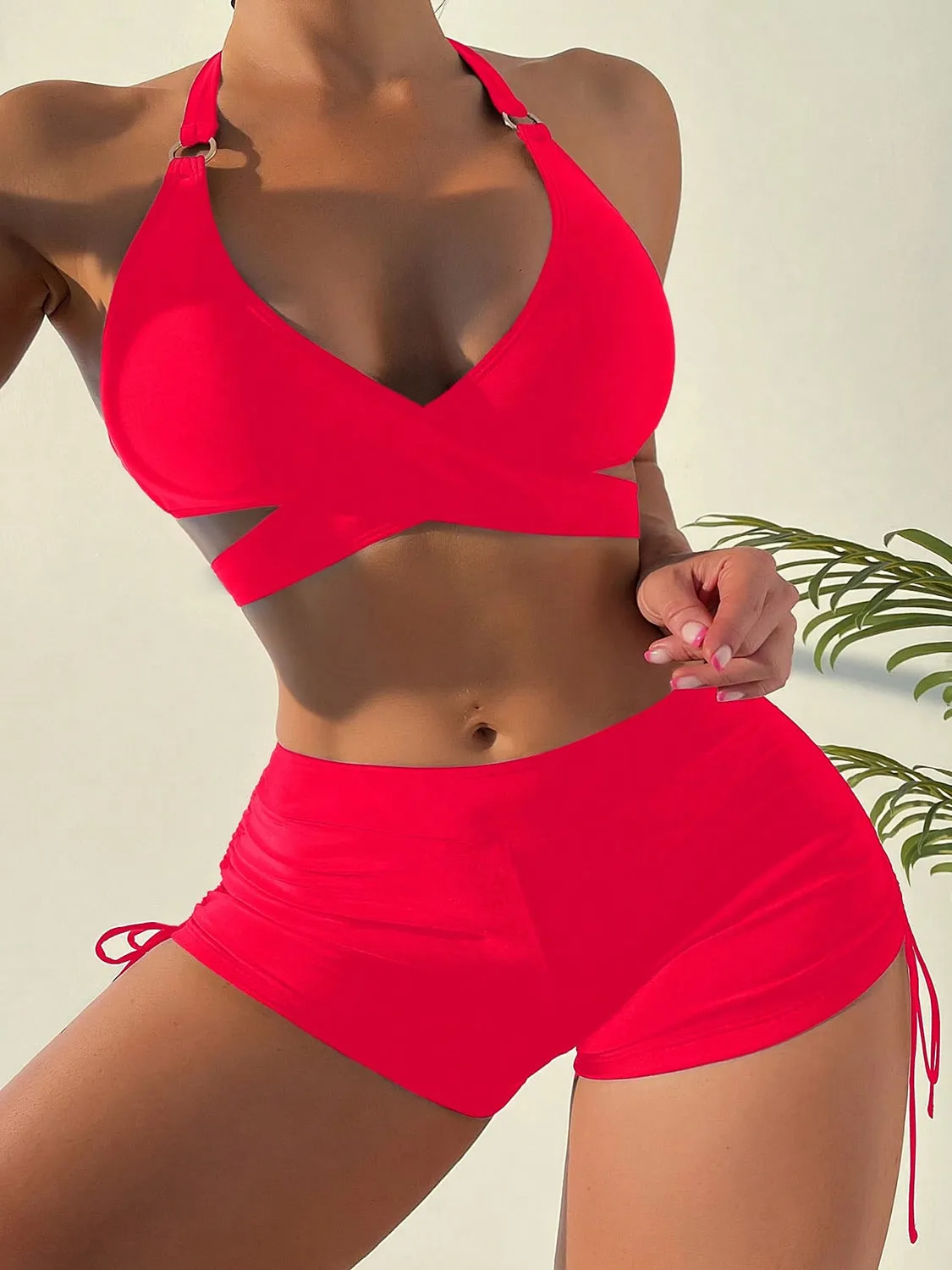 Swimsuit Two Piece Set Crisscross Tied Top and Drawstring Shorts Women's Swimwear Fashion