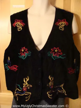 Tacky Christmas Sweater Party Ugly Velvety Vest with Poinsetias and Reindeer  (f832)