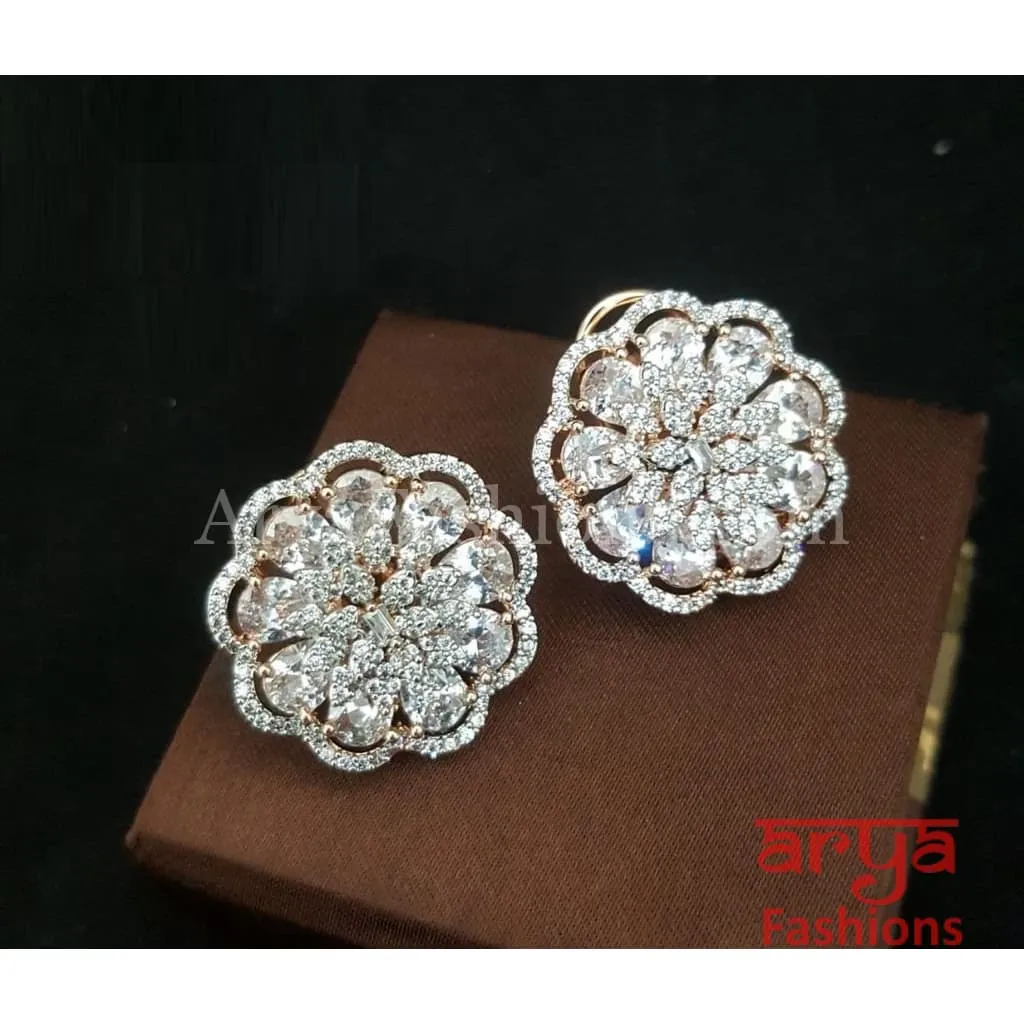 Tahi CZ Studs with Silver stones in Rose Gold Finish/ Trendy Bollywood Stud Earrings