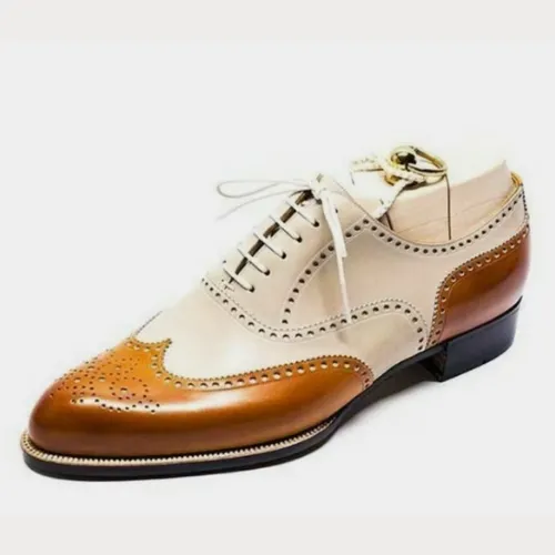 Tailor Made Handmade Two Tone Cream & Tan Leather Lace up Wingtip Men's Shoes