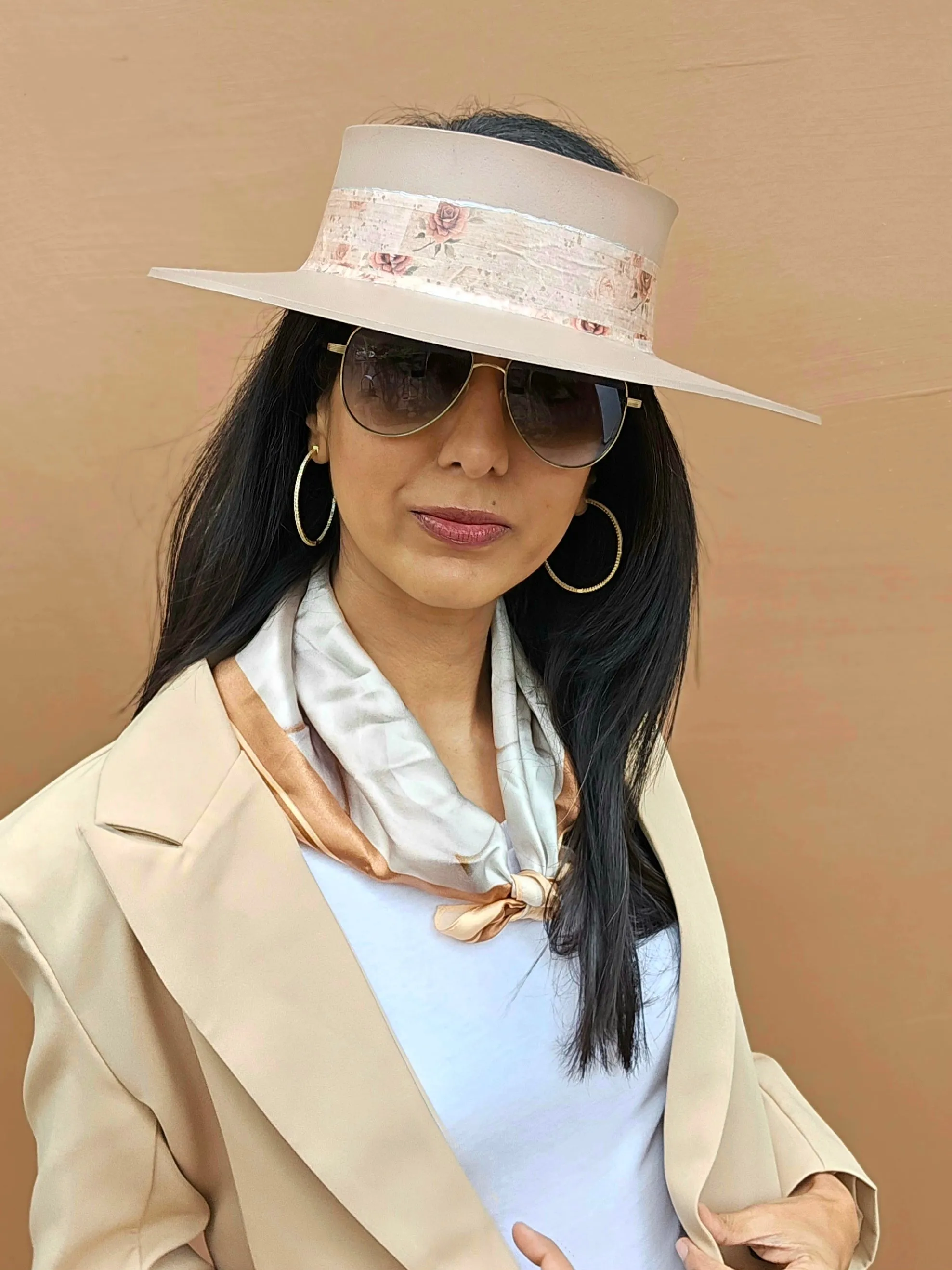 Tall Brown "LadyEVA" Visor Hat with Delicate Burgundy Floral Band