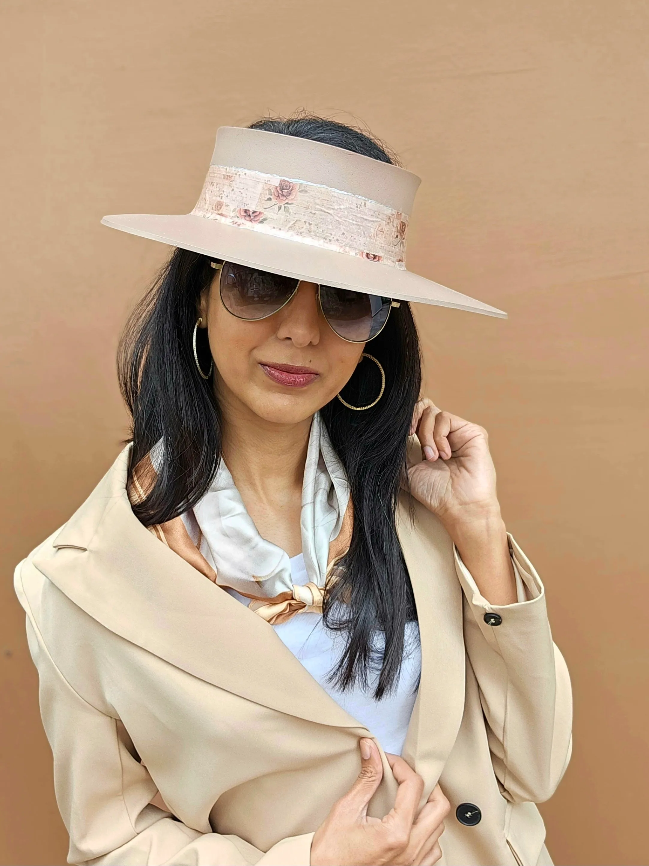 Tall Brown "LadyEVA" Visor Hat with Delicate Burgundy Floral Band