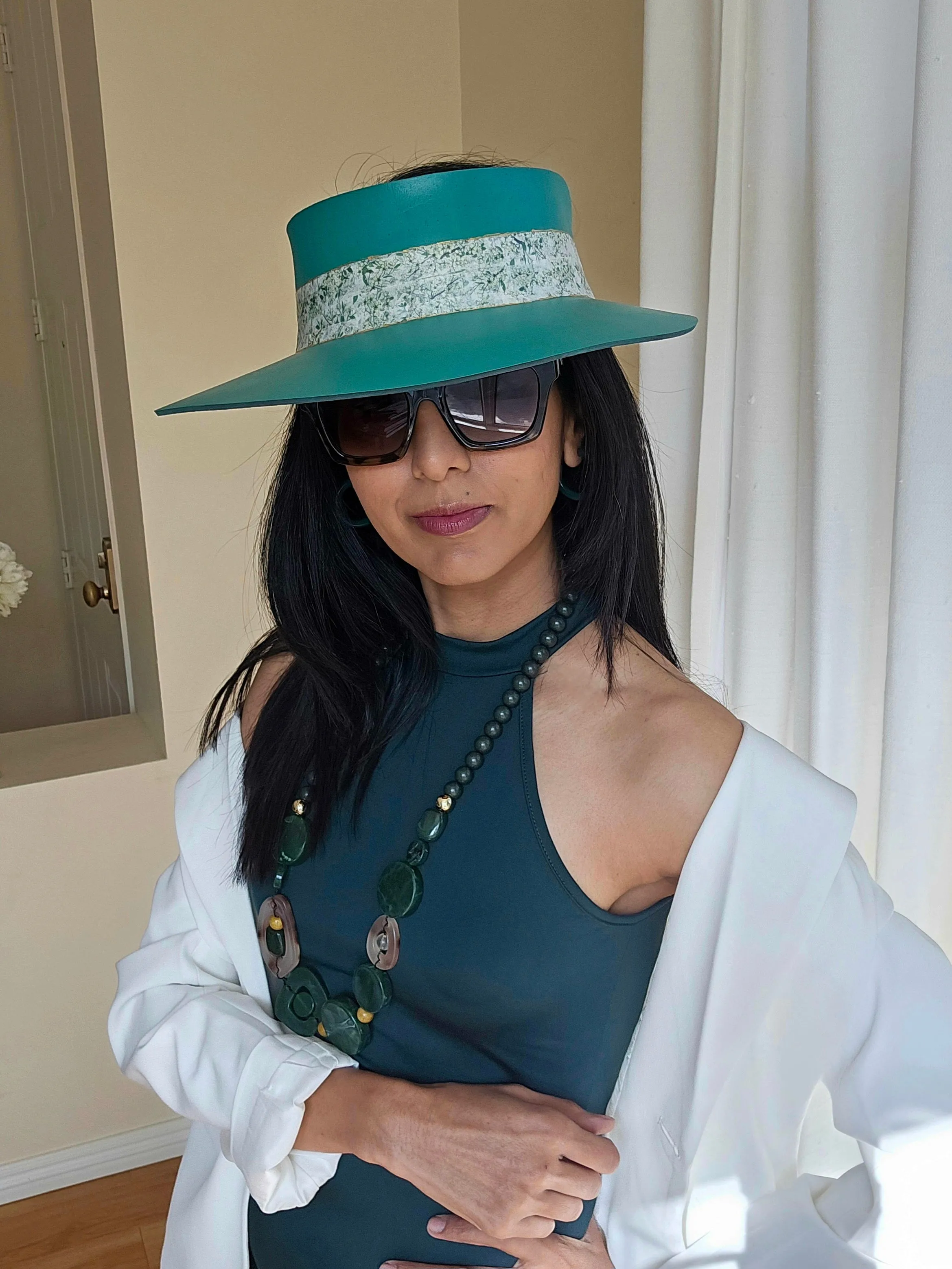 Tall Emerald Green LadyEVA Visor Hat with Crinkled White/Green Floral Band