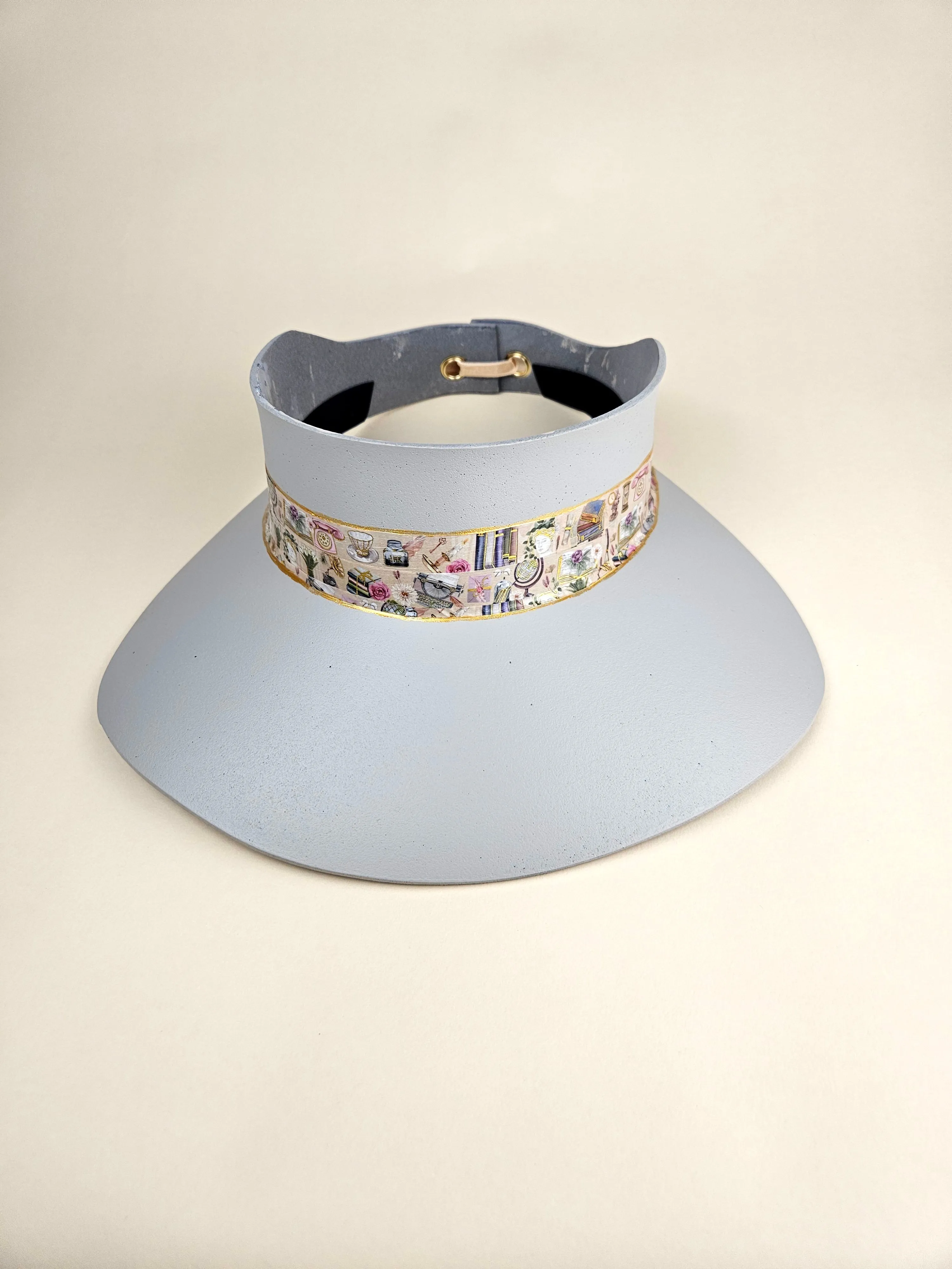 Tall Gray "LadyEVA" Visor Hat with Tea Party Themed Band