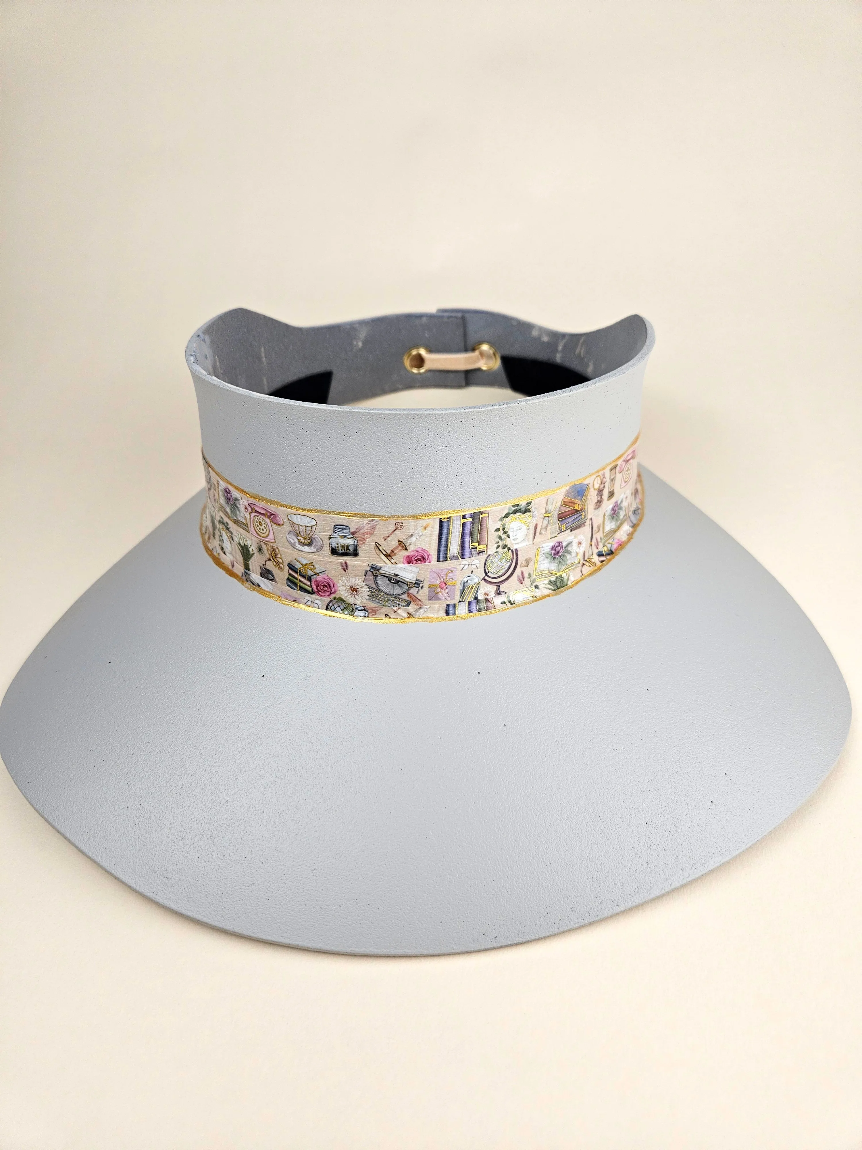 Tall Gray "LadyEVA" Visor Hat with Tea Party Themed Band