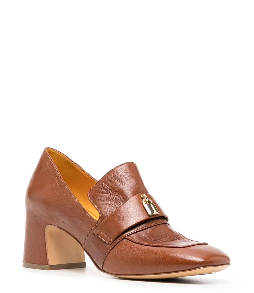 Tan Leather Lock Heel Loafer