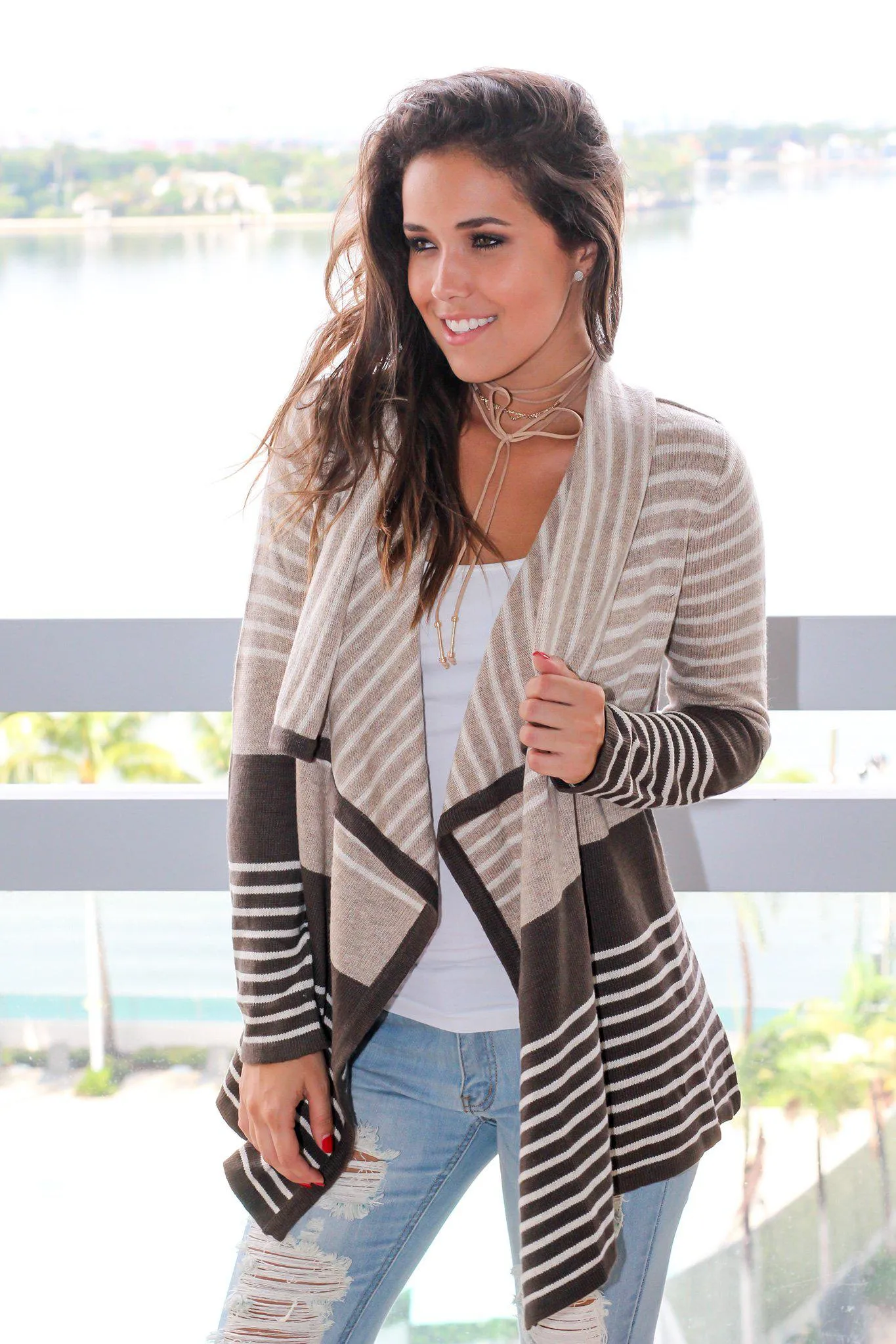 Taupe and Olive Striped Cardigan