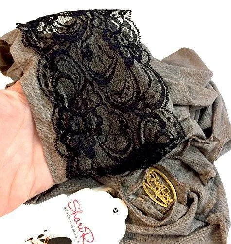 Taupe Gray Head-scarf Tichel Embellished W/ Wide Black Floral Lace & Two Black Fabric Buttons! (Taupe black lace buttons - 327)