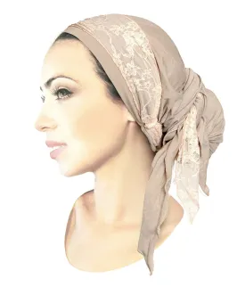 Taupe Head-scarf Hair-Snood Tichel Embellished with Pink Floral Lace Boho Chic - 021