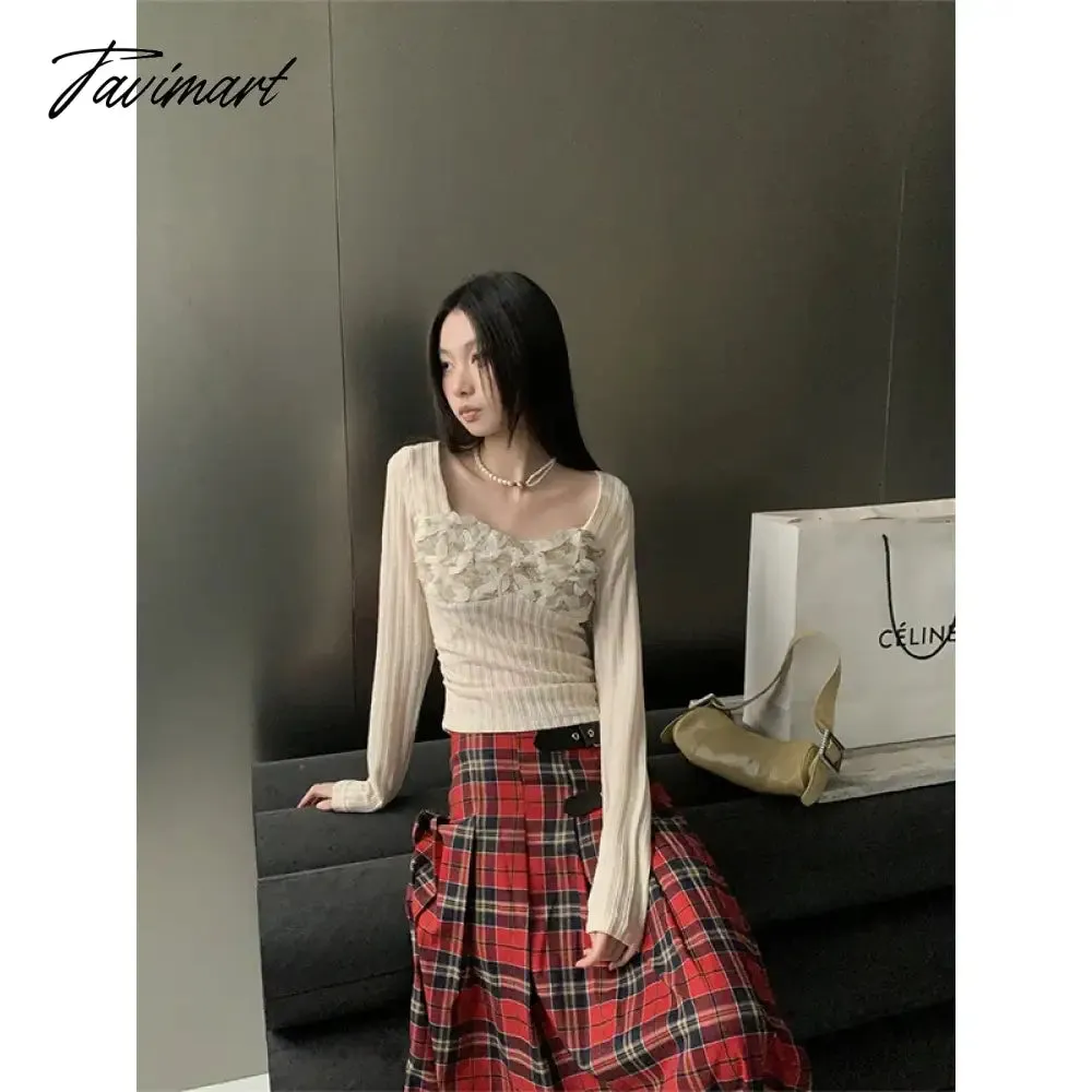 TAVIMART  -  Casual Beige Tees Slim Puff Sleeve Women Square Collar Crop Top Spring Winter Lace T-Shirts 2000s Aesthetic French Preppy Style