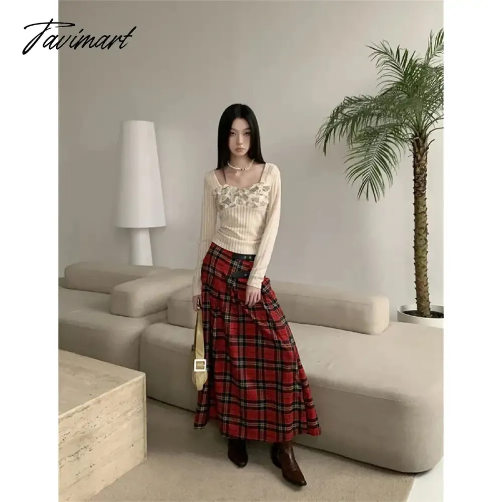 TAVIMART  -  Casual Beige Tees Slim Puff Sleeve Women Square Collar Crop Top Spring Winter Lace T-Shirts 2000s Aesthetic French Preppy Style