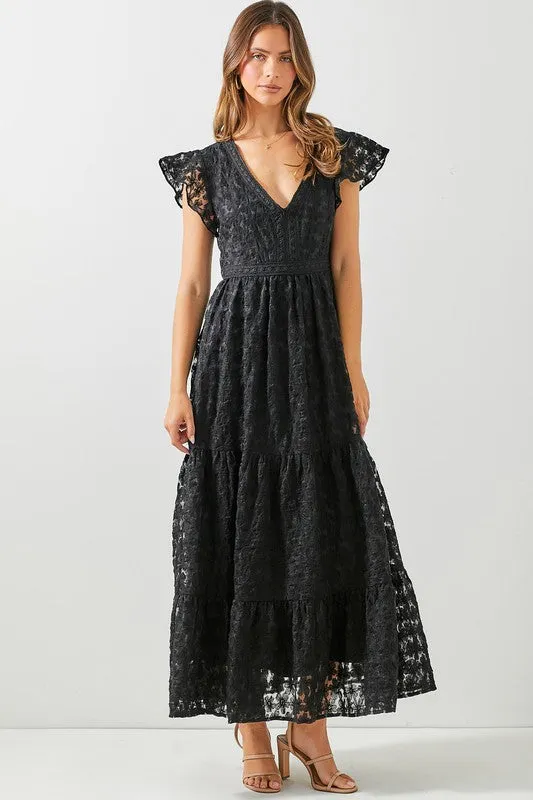 Teanna Short Sleeve Floral Print Lace Maxi Dress Black