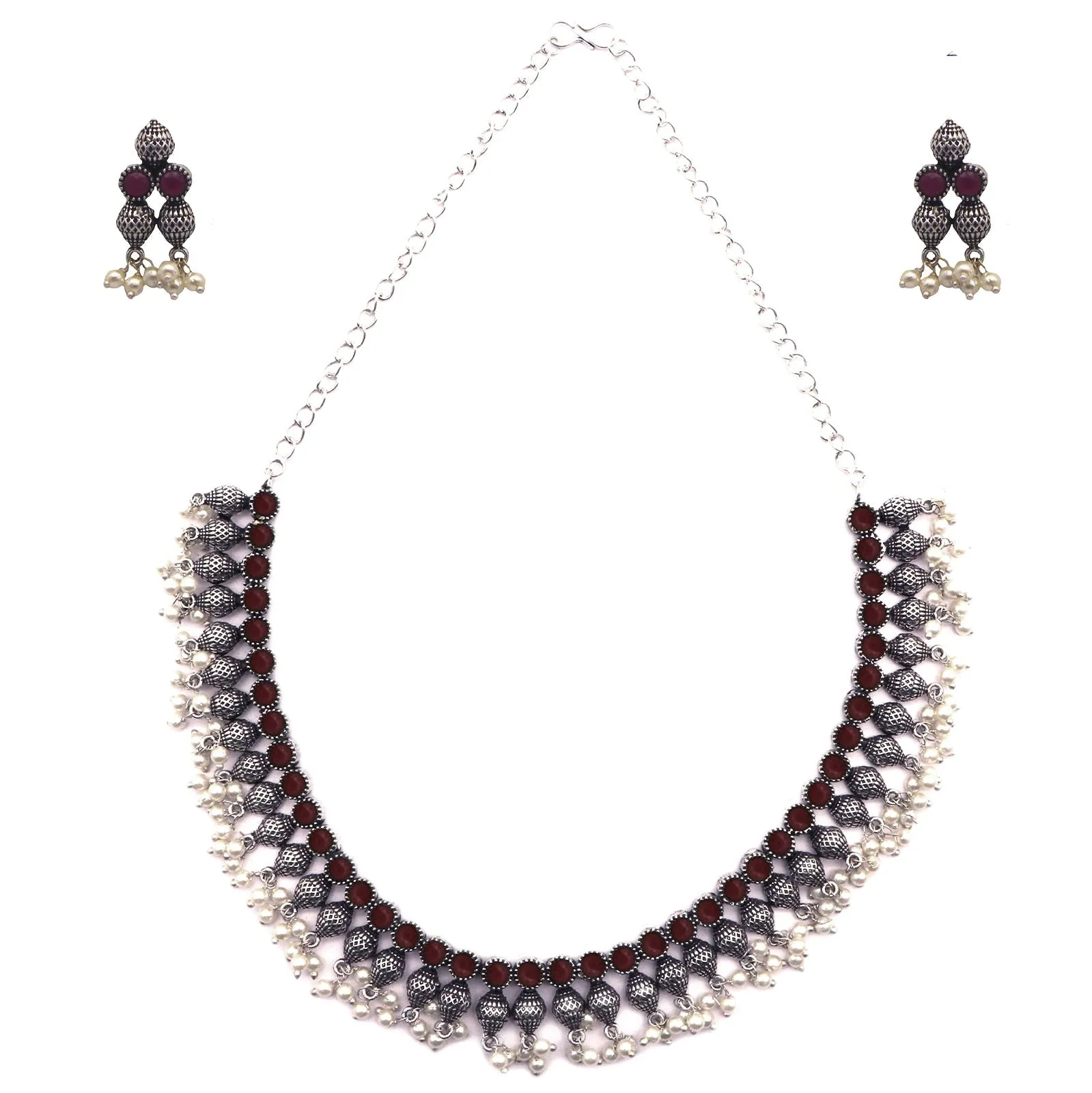 Teejh Anubhuti Silver Oxidised Red Stone Jewelry Gift Set