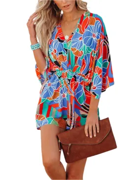 TEEK - Tied Printed Kimono Sleeve Romper