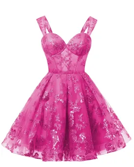 Teens Sparkly Tulle Fuchsia Homecoming Dresses Spaghetti Straps Short Cocktail Party Prom Dress