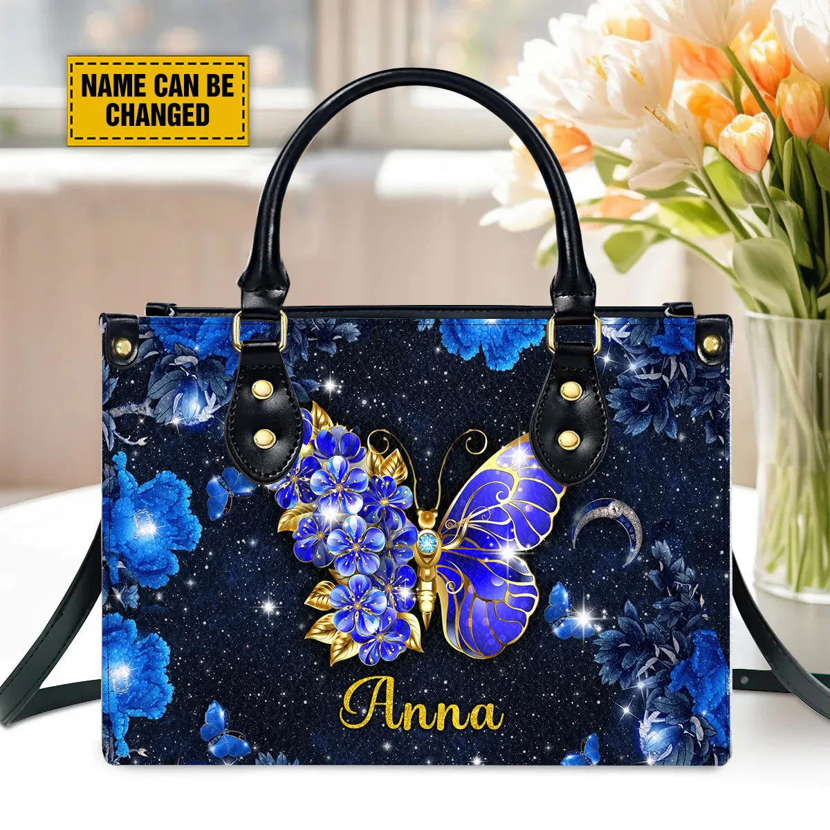 Teesdily | Customized Jesus Christian Blue Butterfly Flowers Bag, I Can Do All Things Through Christ Leather Bag, God Floral Butterfly Handbag Women