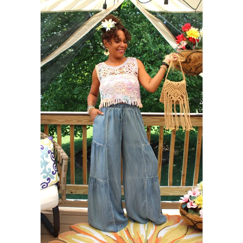 Tencel Ruffled Side Denim Wide Pants