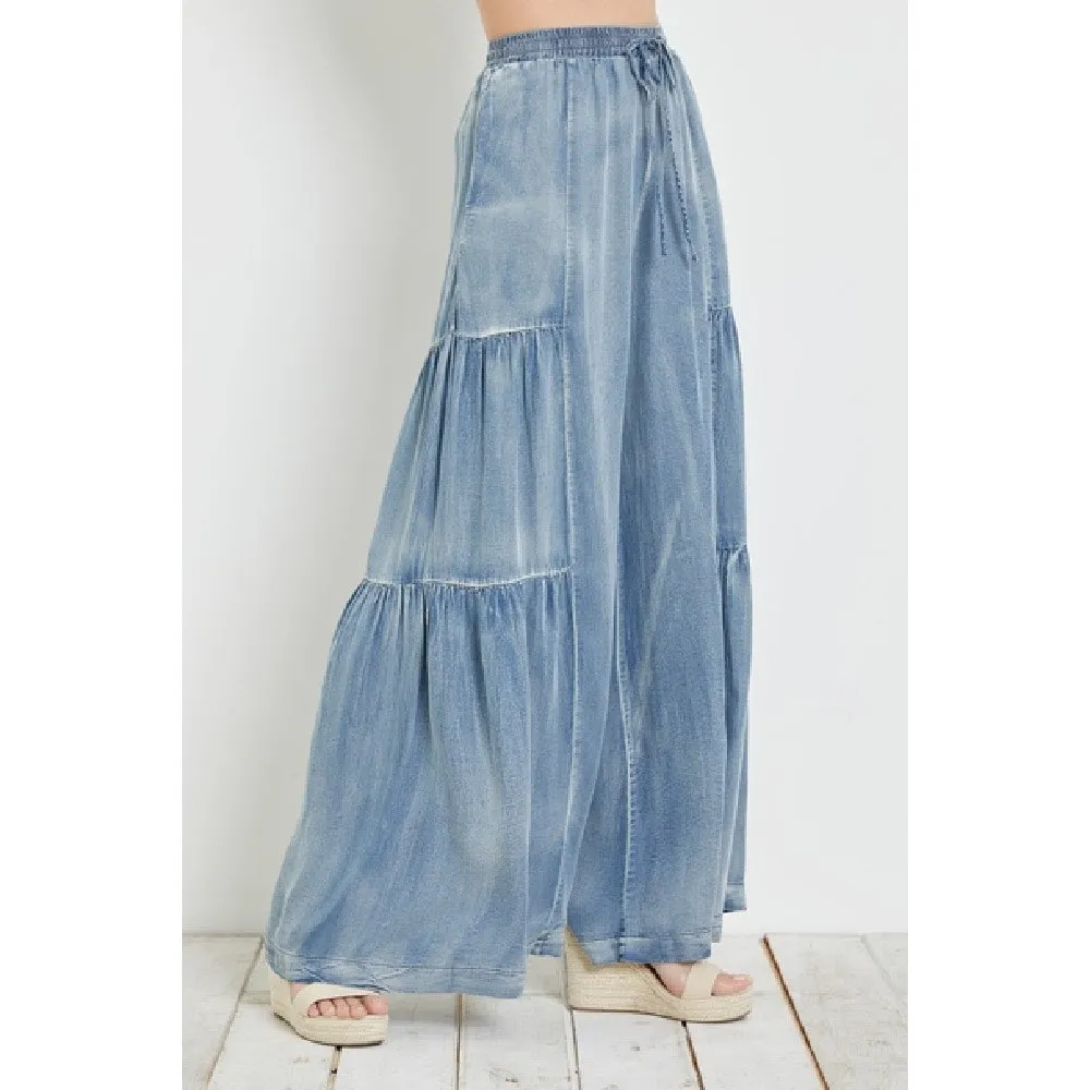 Tencel Ruffled Side Denim Wide Pants