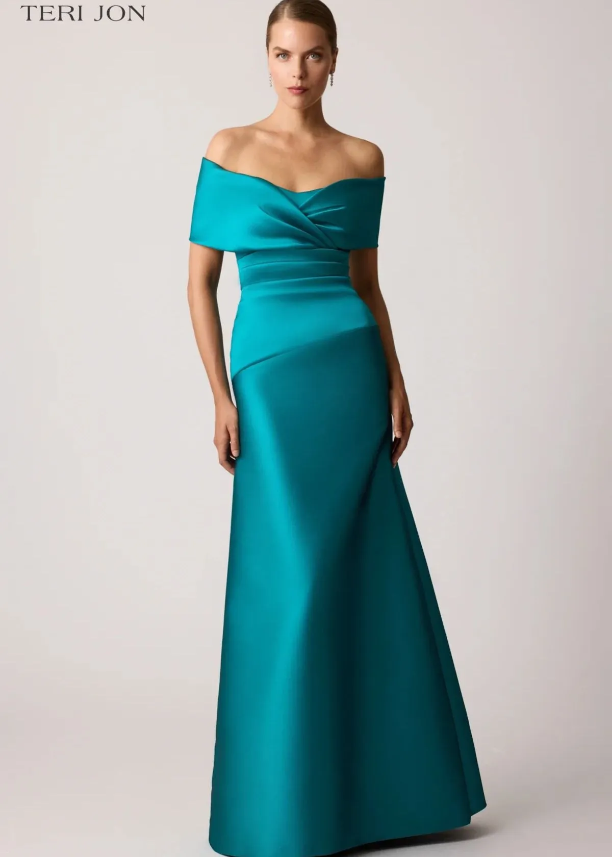 TERI JON Stretch Mikado Off Shoulder Ruched Gown - Teal