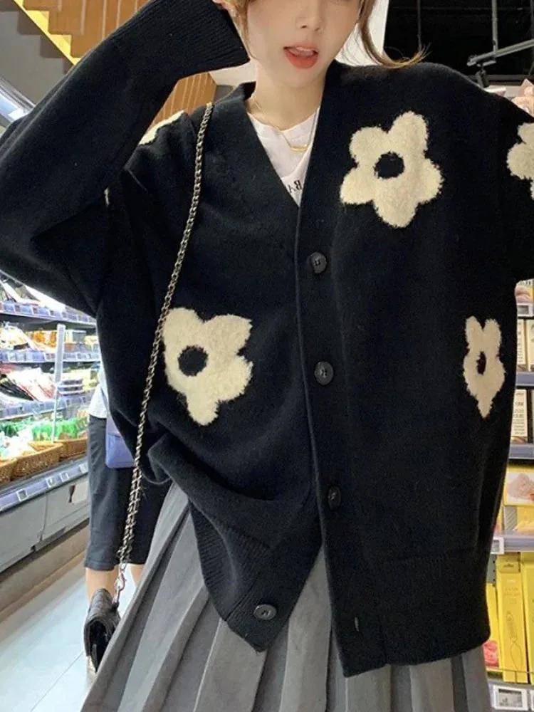 Territory Floral Cardigan Women Autumn Winter Knitted Sweater Female Korean Preppy Style Coat Ladies Casual Loose Cardigans Streetwear