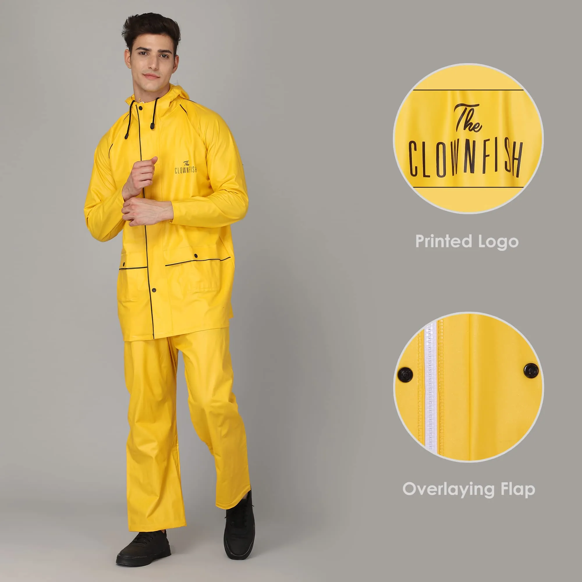 THE CLOWNFISH by STRAUSS Roberto Series PVC Rain Coat for Men Waterproof for Bike with Hood Raincoat for Men. Set of Top and Bottom Packed in a matching Storage Bag (Yellow with black piping, X-Large)