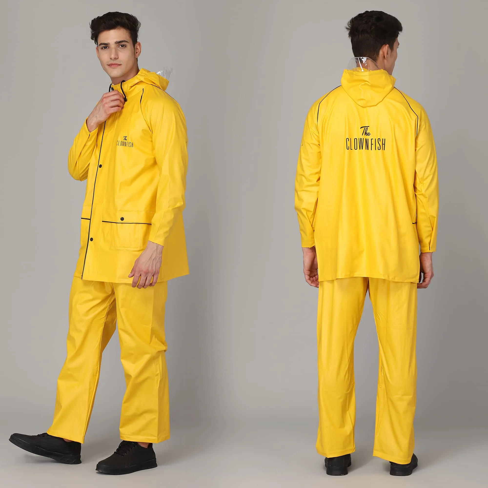 THE CLOWNFISH by STRAUSS Roberto Series PVC Rain Coat for Men Waterproof for Bike with Hood Raincoat for Men. Set of Top and Bottom Packed in a matching Storage Bag (Yellow with black piping, X-Large)