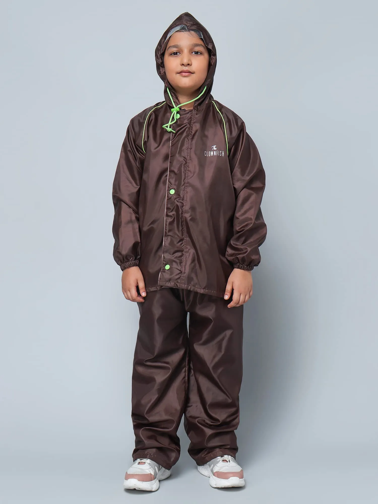 THE CLOWNFISH Duke Series Kid's Waterproof Polyester Double Coating Reversible Standard Length Raincoat With Hood & Reflector Logo At Back, Top & Bottom Printed Plastic Pouch, 5-7 Years (Brown)