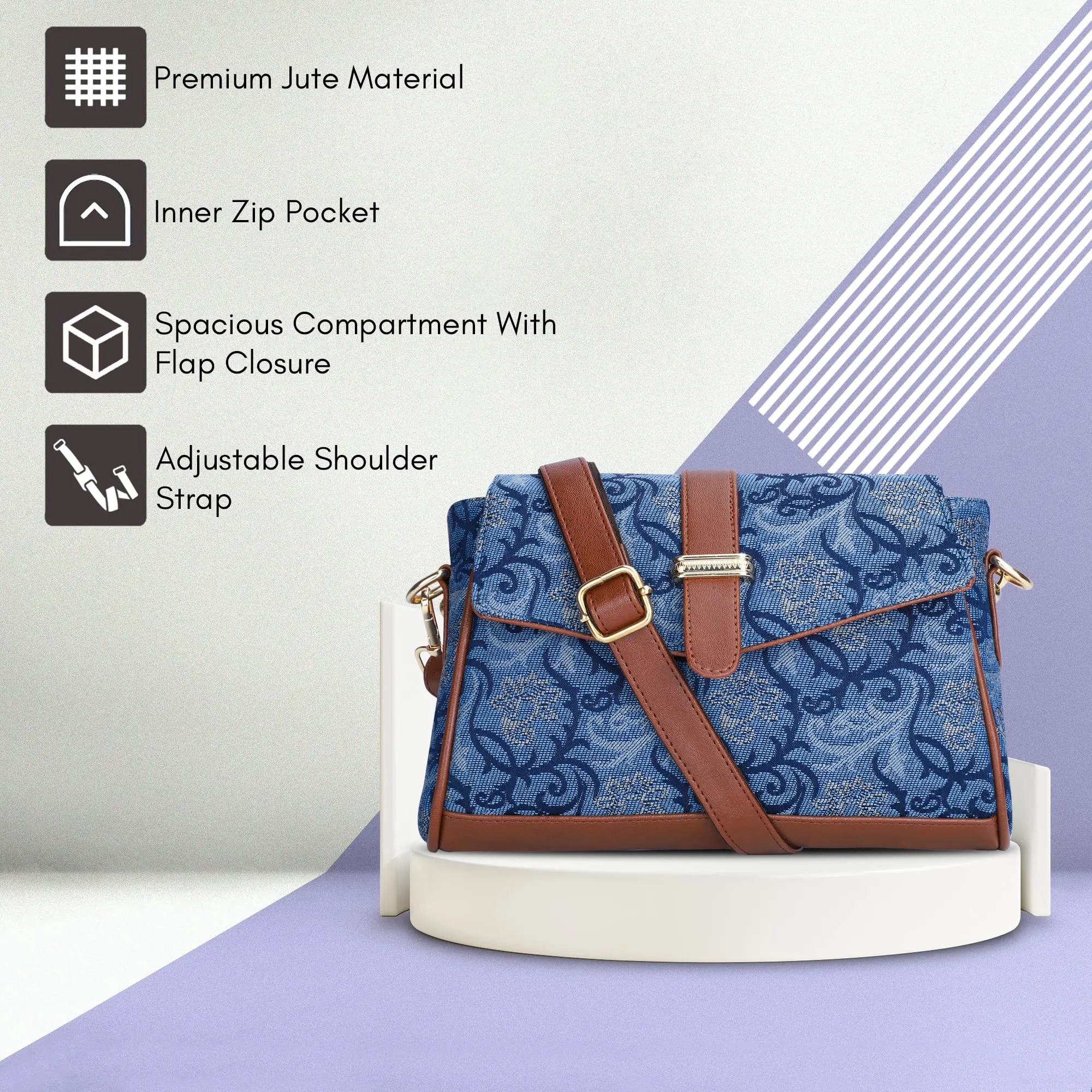 THE CLOWNFISH Odelina Series Printed Handicraft Fabric Sling Bag Handbag for Women Crossbody Bag Office Bag Ladies Single Shoulder Bag with Snap Flap Closure & Shoulder Belt For Women (Cream)