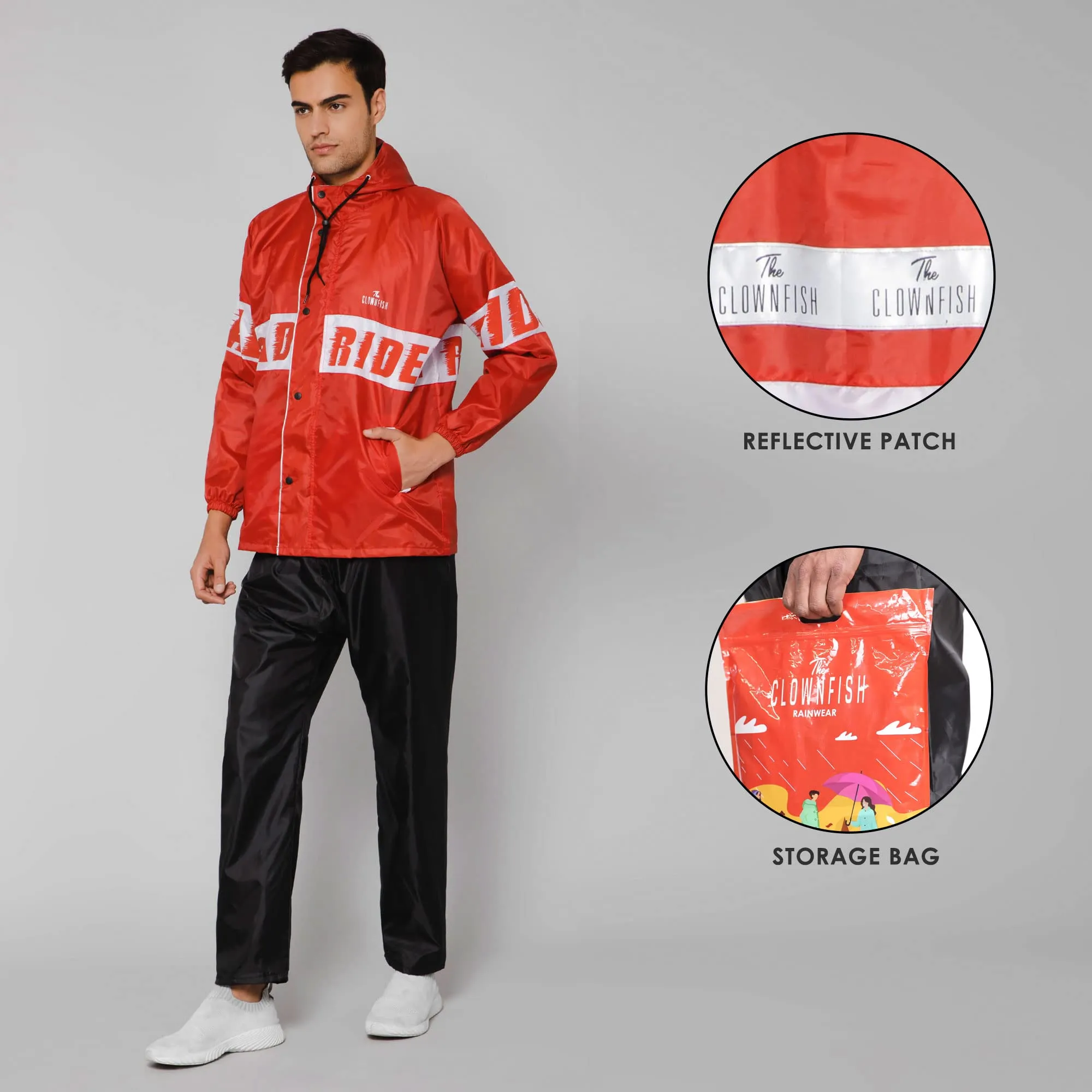 THE CLOWNFISH Road Rider Men's Waterproof Raincoat Polyester Double Coating Reversible Rain Suit with Hood & Inner Mobile Pocket. Set of Top and Bottom. Printed Plastic Pouch (Red, X-Large)