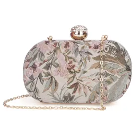 THE CLOWNFISH Soniva Collection Tapestry Fabric Womens Party Clutch Ladies Wallet Evening Bag with Fashionable Round Corners (Beige)