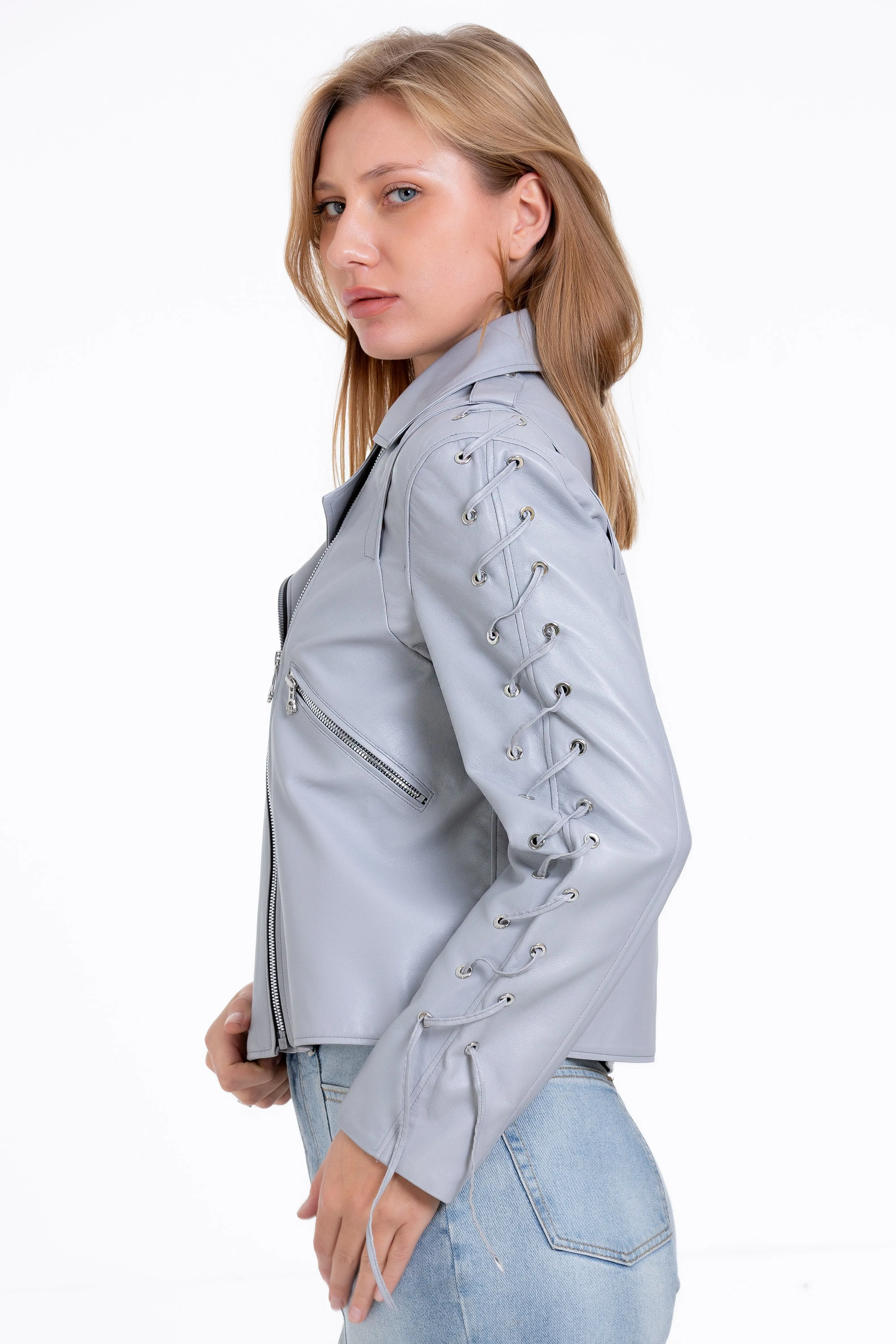 The Isola Leather Gray Women Jacket