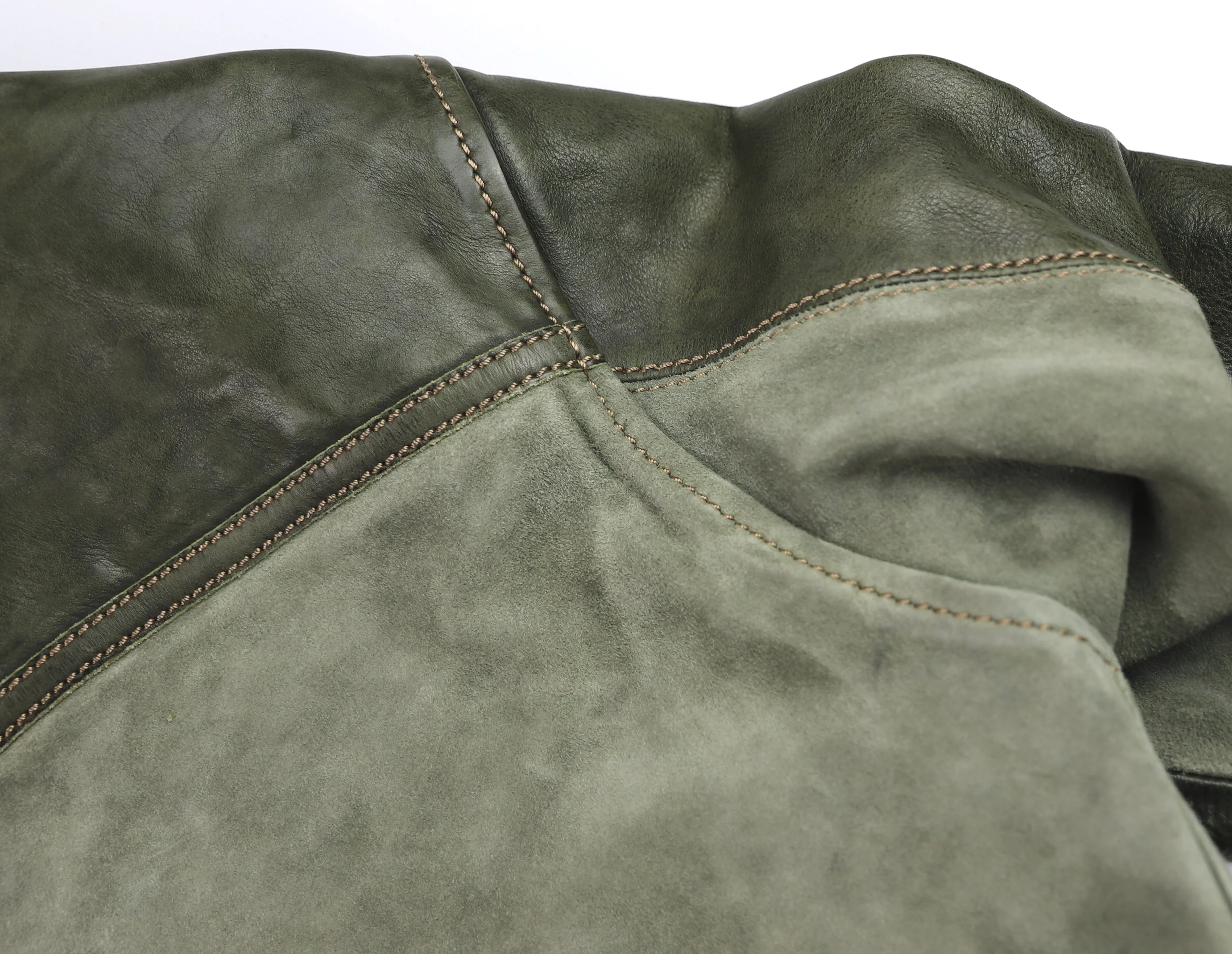 Thedi Niko Button-Up Jacket, size Medium, Green Goat Suede and Cowhide