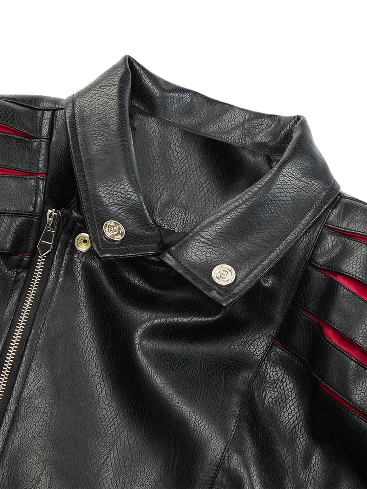 Thesupermade Paneled Spine Pleated Cropped Leather Biker Jacket