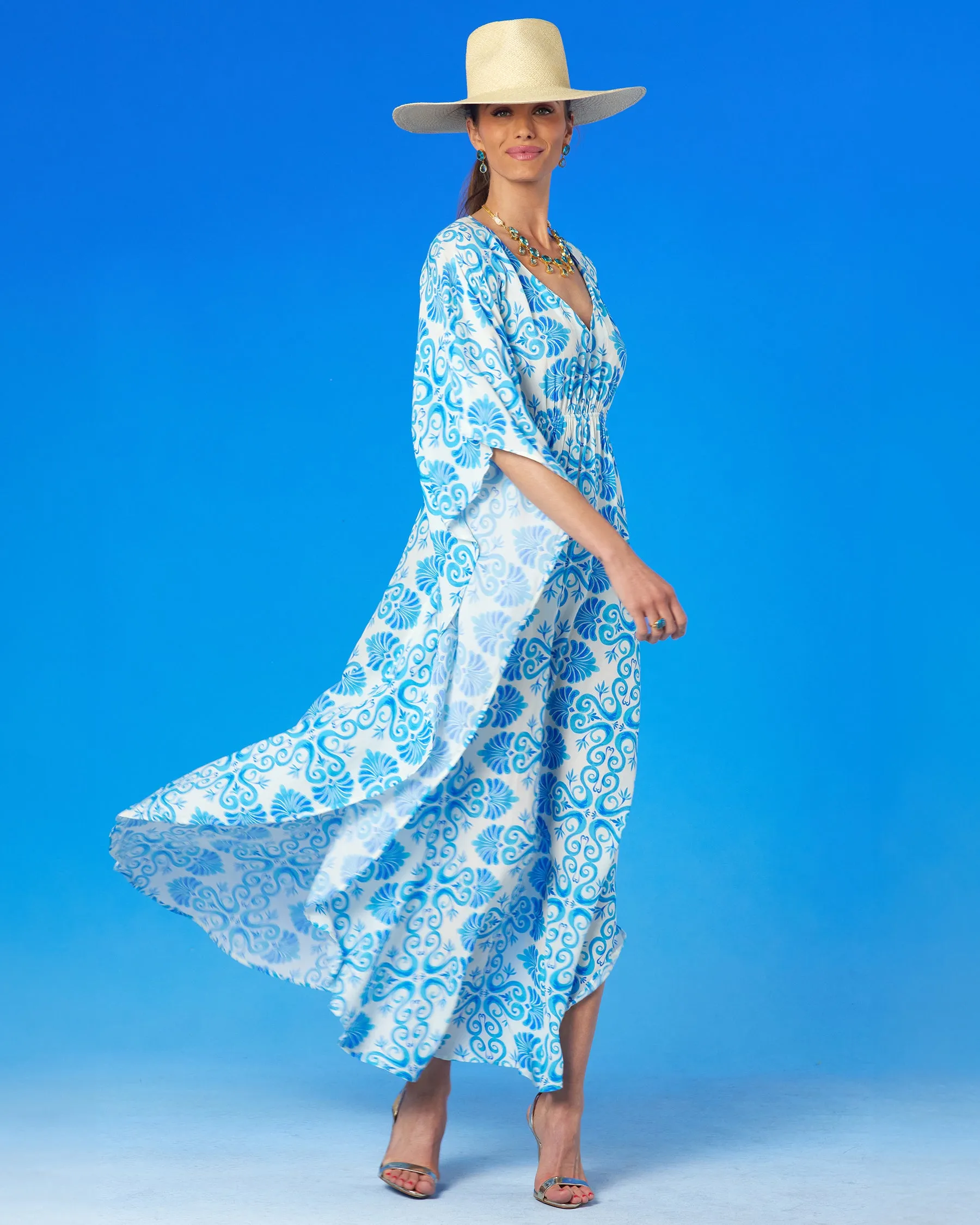 Thetis Cinched Long Kaftan in Blue and White