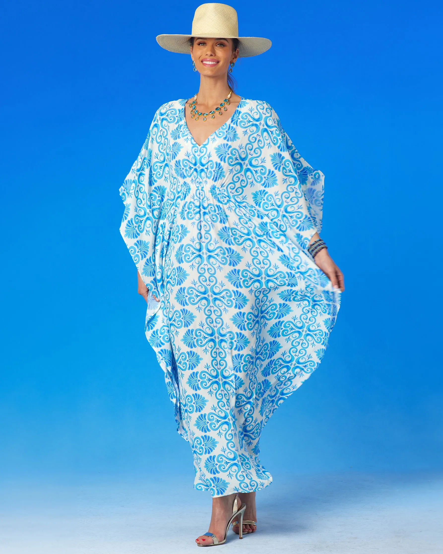 Thetis Cinched Long Kaftan in Blue and White