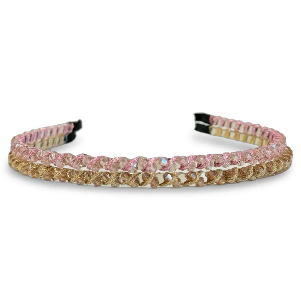 Thin Beaded Headband Set - Gold   Pink