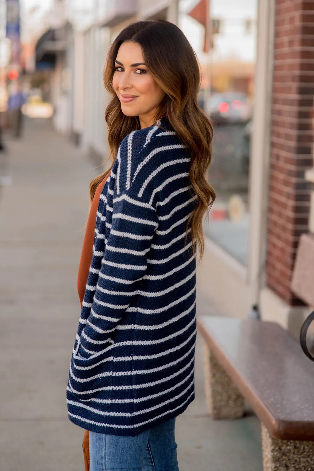 Thin Striped Knit Tunic Cardigan