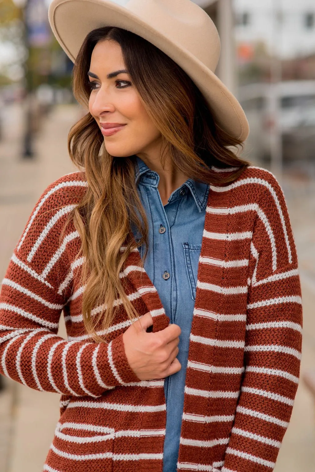 Thin Striped Knit Tunic Cardigan