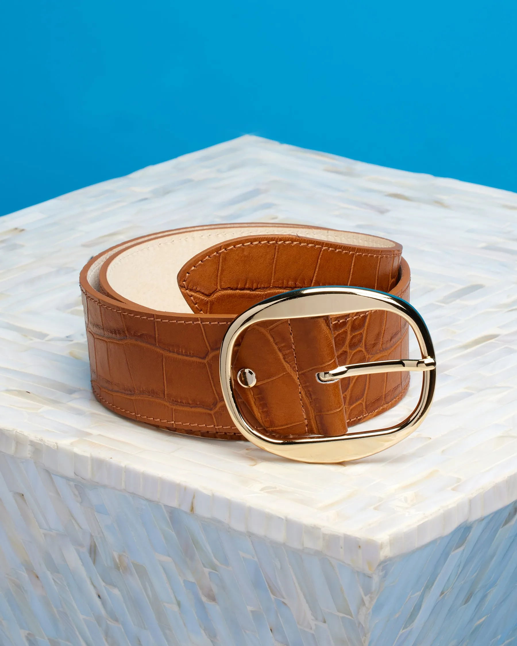 Thornton Wide Leather Belt in Croc-Embossed Honey Tan