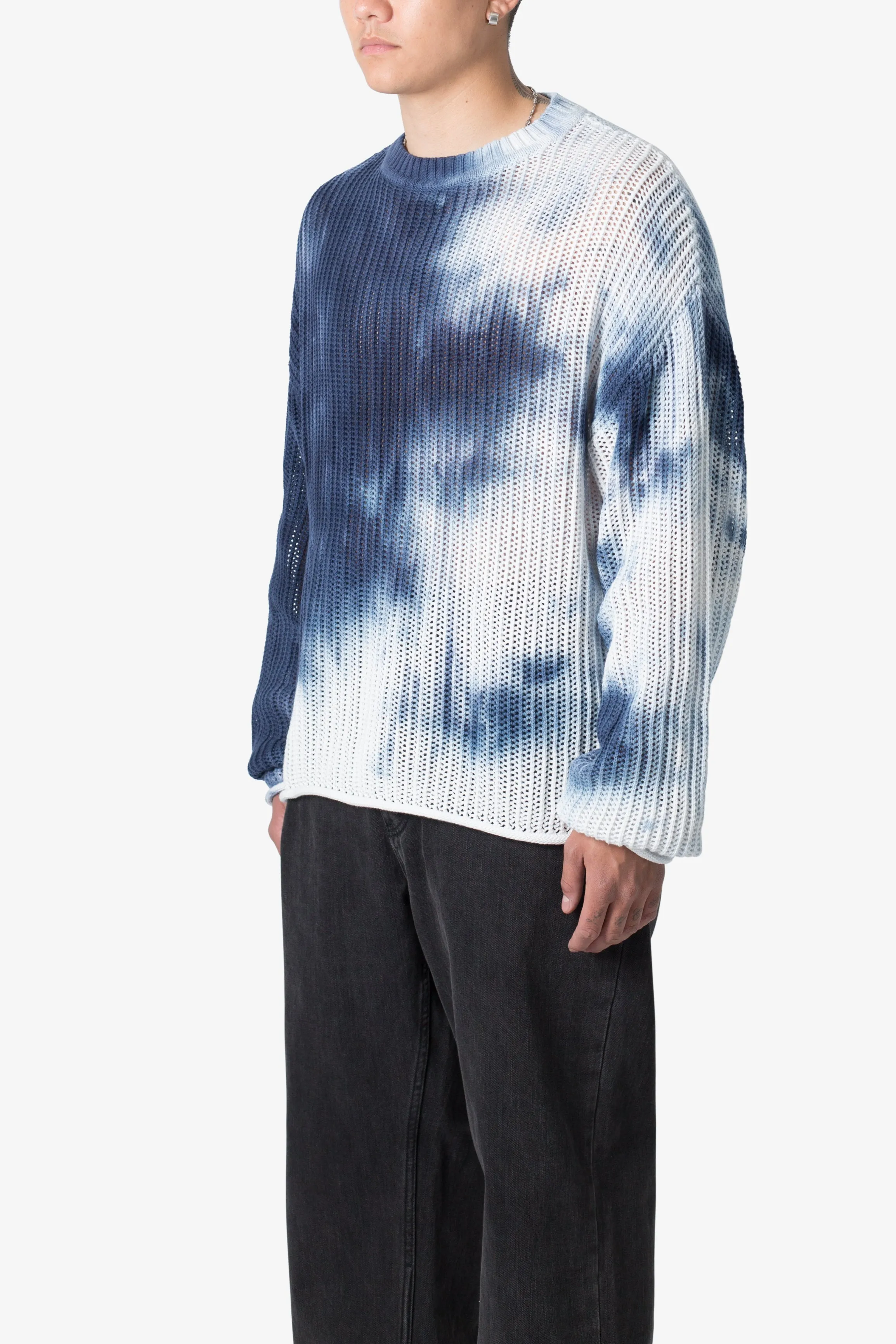 Tie Dye Open Knit Sweater - Blue/White