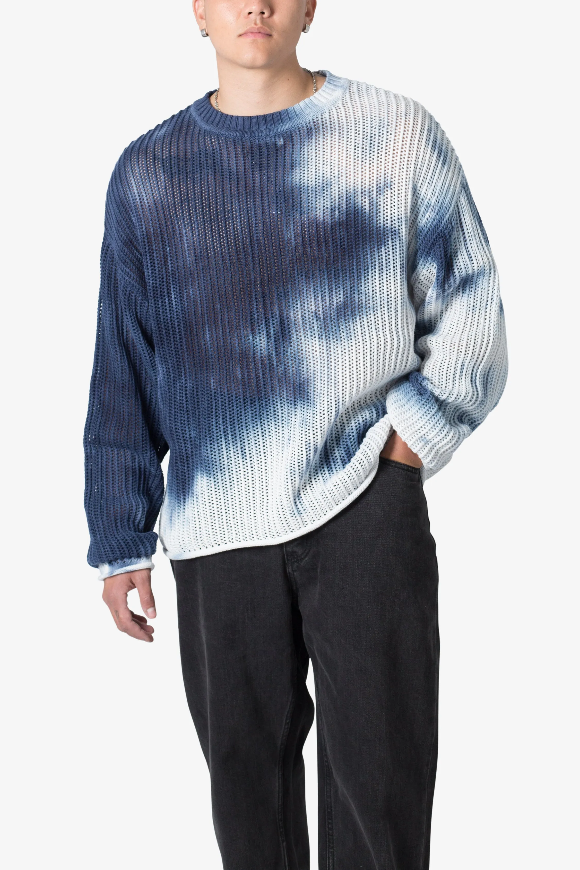 Tie Dye Open Knit Sweater - Blue/White