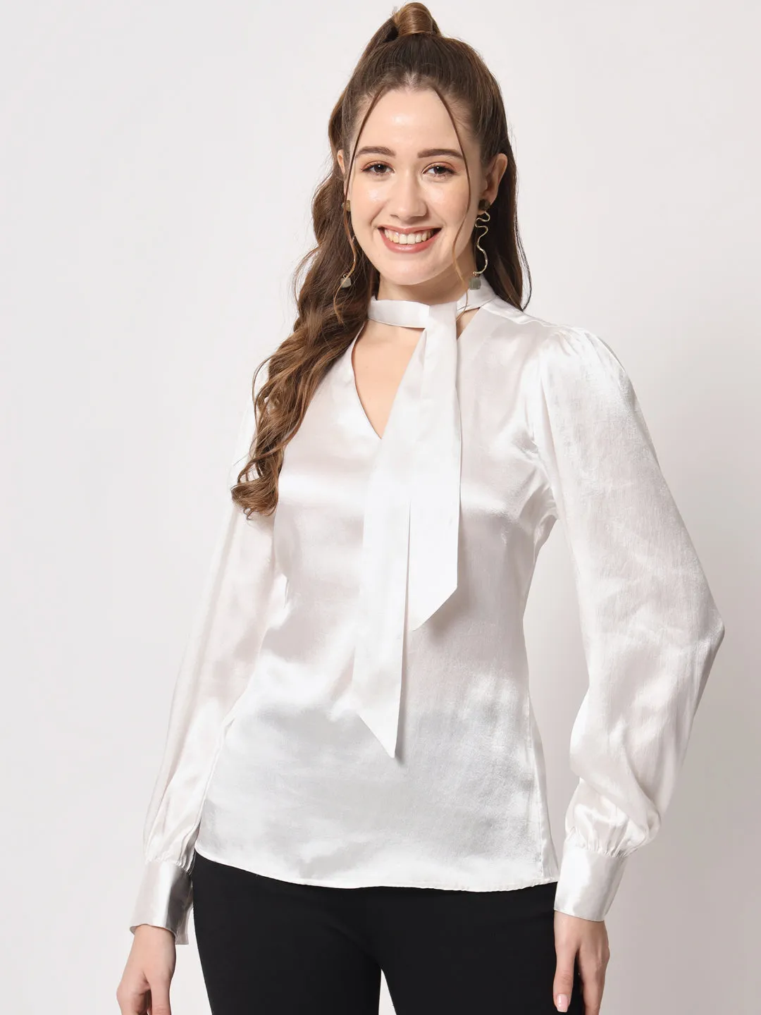 Tie-Up Neck Cuffed Sleeves Satin Top